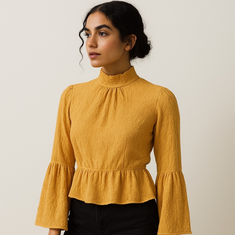 Crimson high neck, peplum, bell sleeved blouse in dark mustard. Size L AR18